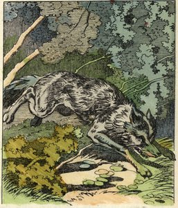 A farkas a nagymama házához fut. Illusztráció Charles Perrault „A Piroska” című meséjéről alkotó: Unknown artist