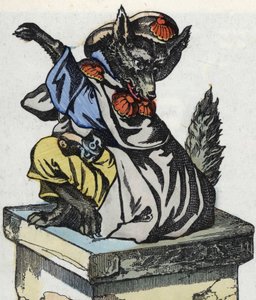 A farkas a kéményen ül. A „Compere le Loup, Maitre Renard, Comere la Chevre et ses petits biquets” című mese illusztrációja Jean de la Fontaine meséje után. A „” Mesék otthonról a kicsiknek” c. századi névtelen metszet. alkotó: Unknown artist