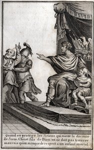 I. Theodosius (Flavius Theodosius) (347-395), római császár, Amphiloque-ot, Icone eveque-jét letartóztatták fia, Arcadius (377-408) iránti tiszteletlenség miatt. Az eveque kijelenti: „Amikor megvédjük az ariánusokat, akik tagadják Jézus Krisztus, Isten Fia alkotó: Unknown artist