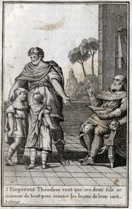 I. Theodosius (Flavius Theodosius) (347-395), római császár azt akarja, hogy két fia, Arcadius (377-408) és Honorius (384-423) álljanak fel, hogy meghallgassák tanáruk leckéit. 4. század. Metszet „Beaute de l