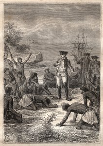 James Cook kapitány (1728-1779) harmadik útja (1776-1779): Cookot szívesen fogadják a bennszülöttek (Hawaii) – az illusztráció a „18. századi nagy tengerészek” című könyvből vett. alkotó: Unknown artist