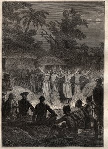 James Cook kapitány (1728-1779) harmadik útja (1776-1779): lakoma a Barátok szigetein (Tongai Királyság, Polinézia) – illusztráció a „18. századi nagy tengerészek” című könyvből. alkotó: Unknown artist
