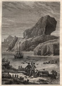 James Cook kapitány (1728-1779) harmadik útja (1776-1779): Kerguelen szigetei (Kerguelen szigetvilág, Antarktisz) – az illusztráció a „” A 18. századi nagy tengerészek” című filmből vett. alkotó: Unknown artist