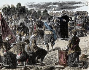 Harmincéves háború: Svédek imában a luetzeni csata előtt – Harmincéves háború (1618-1648): II. Gusztáv Adolf svéd király (1594-1632) és csapatai a lutzeni csata (1632) előtt egy vallási ünnepségre gyűlnek össze alkotó: Unknown artist