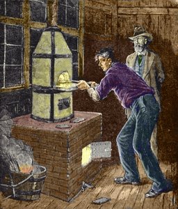 Thomas Edison 1879 körül kísérletezik szénpapírral az izzólámpákhoz. alkotó: Unknown artist