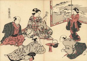 Három szamuráj hallgatja, ahogy egy kurtizán játszik a shamisenen, miközben egy kamuro ételt hoz a tálcán. Masanobu Okumura (1686-1764) fatömbnyomata Fuzoku Emakimono-tól, Képtekercs a vízkereskedelemről, Tokió, utánnyomás 1880 körül. alkotó: Unknown artist