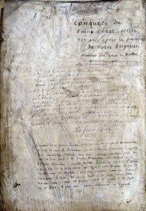 Egy kézirat címlapja: Szent Gréal meghódítása, 717 évvel urunk szenvedélye után. Bibliotheque Municipale de Rennes, ms. 255 (A Kerekasztal regénygyűjteménye); Párizs alkotó: Unknown artist