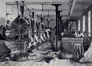Dohánygyár, mosókonyha és dohányrapage. Metszet 1867 körül. Párizs, Musee Carnavalet alkotó: Unknown artist