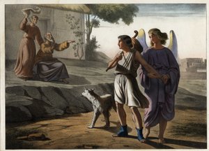 Tobie távozása az angyal kíséretében (a szülei köszöntik, köztük Tobit, az apja is). Névtelen metszet a 19. század közepéről. alkotó: Unknown artist