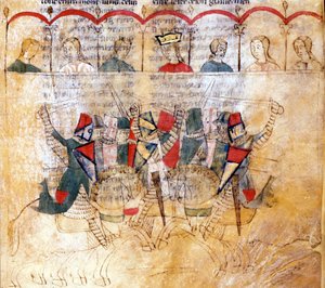 Tornajelenet a „Lancelot du Lac” kézirat után, 13. század. Biblioteca Nazionale Marciana Velence. alkotó: Unknown artist