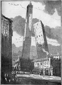 Bologna tornyai - az Asinelli-torony és a kisebb Garisenda-torony - metszet XIX. alkotó: Unknown artist