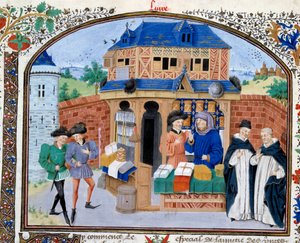 Kereskedelem: kereskedő bolt. Miniatűr Arisztotelész (Kr. e. 383-322) görög filozófus „” Etikai kommentár” című kéziratából, Nicolas Oresme (1325-1382) fordításában alkotó: Unknown artist