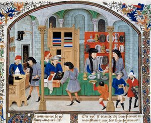 Kereskedelmi jelenet: a kereskedők egy boltban étkészletet és ezüsttárgyakat mutatnak be vásárlóiknak. Miniatűr Arisztotelész (Kr. e. 384-322) görög filozófus „Etikai, politikai és gazdasági” című kötetéből alkotó: Unknown artist