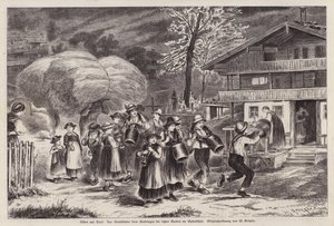 Hagyományos tehénharangok kongatása az utolsó betakarított termés beérkezésének megünneplésére az Alpbachtalban, Tirol, Ausztria (metszet) alkotó: Unknown artist