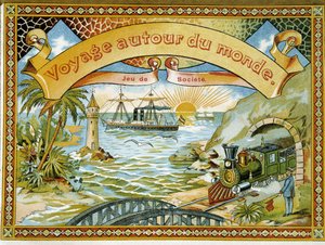 Vonat, világítótorony és hajó, címlapjáték „Utazás a világ körül”, a.n.d. 19. alkotó: Unknown artist