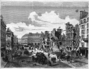 Párizs átalakításai a Második Birodalom alatt, Paris Haussmann (Boulevard, Haussmann munkái): a Rue de la Paix lebontása a Rue Reaumur megnyitásához. Metszet a "" The Illustrious Universe" -ba alkotó: Unknown artist