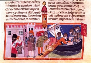 Áruk és élelmiszerek belvízi szállítása. Miniatúra egy francia kódexből pergamenre „A rómaiak tényei””, amely az ókori történelmet meséli el egészen Jules Cesarig (Kr. e. 101-i. e. 44). 13. századi Velence, biblioteca Marciana alkotó: Unknown artist