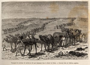 Vashajórészek szállítása tevékkel, Núbia sivatagában (Szudán), egy közép-afrikai fegyveres expedíciót ábrázoló metszet a feketekereskedelem visszaszorítására alkotó: Unknown artist