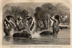 Az utazók, akik piszkos szennyesüket a folyóban mossák, bolíviai peonokkal együtt Maniri (Alsó-Peru) környékén. Paul Marcoy 1849-1861-ben megjelent gravírozása a Quinquinas dans les vallees de voyage című művében, megjelent a „Le tour du monde”” 18. alkotó: Unknown artist