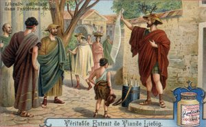 Utazó könyvkereskedő az ókori Görögországban. Kromolitográfia, Liebig-kép. alkotó: Unknown artist