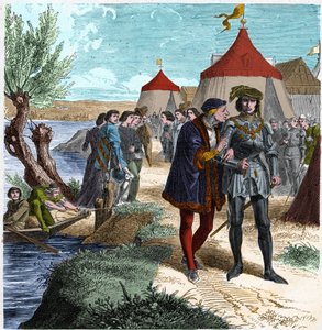 Conflans-i szerződés 1465. május 5-én XI. Lajos francia király és Charles de Charolais (később Temeraire Károly) között, amely véget vet a nemesek vagy a Közjó Ligájának lázadásának. Metszet Paul Lehugeur Histoire De France En Cent festményeibe, 1891. alkotó: Unknown artist
