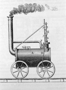Trevithick mozdony. 19. századi metszet. alkotó: Unknown artist
