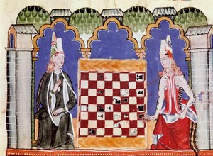 Két nő sakkozik. Miniatűr a Bölcs X Alfonso vagy a Savant „” Libro de los juegos”” kéziratából (spanyolul Alfonso X el Sabio alkotó: Unknown artist