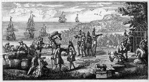 A készletek kéregtelenítése Amerika francia gyarmatain. A tollrajz a Depot des Fortifications-ben őrzött „Oisivetes” kéziratában Vauban emlékiratának fejét helyezi el „A kolóniák”-on. Metszet „” La Nature: revue des sciences et d alkotó: Unknown artist