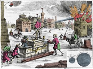 Tűzoltó szivattyú használata a tűzoltóságnál. Metszet Georg Andreas Bockler (1644-1698) „Theatrum Machinarum novum” című könyvéből alkotó: Unknown artist
