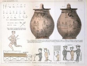 Különféle illusztrációk és feliratok, amelyeket a bűnözők hagytak a kerámiavázákon: Cesare Lombroso (1835-1909) olasz kriminológus tanulmánya „A bűnöző ember” (L