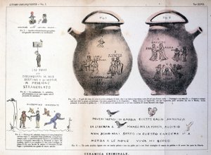 Különféle illusztrációk és feliratok, amelyeket a bűnözők hagytak a kerámiavázákon: Cesare Lombroso (1835-1909) olasz kriminológus tanulmánya „A bűnöző ember” (L