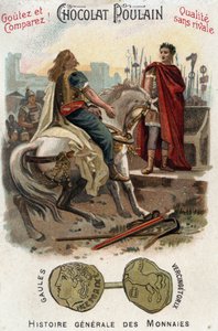 Vercingetorix (Kr. e. 72-46), a gall lázadás vezetője fegyvert tesz Cesar (Kr. e. 100-44) lábai elé, miután véglegesen elvesztette Alesia városát - Az érmék általános történetében - Csokoládé-csikó kromolitográfiája a késői időszakról 19. század - Magán Ko alkotó: Unknown artist