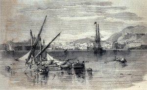 Kilátás Korfura Görögországban Vido szigetéről. század elejéről származó metszet alkotó: Unknown artist