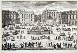 Kilátás a párizsi Place des Victoires-ra XIV. Lajos szobrával, amelyet a marechal de la Feuillade emelt fel 1686-ban. Metszet a 17. századi Párizsról, Musee Carnavalet alkotó: Unknown artist