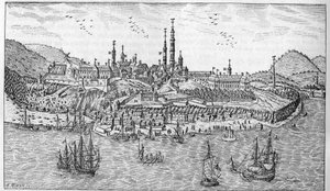 Quebec város kilátása Kanadában (17. század vége): A. Jardin du fort. B. Az erőd. C. Porraktár. D. Les Recollets. E. Ursulines. F. A jezsuiták. G. A katedrális. H. A szeminárium. I. Hotel Dieu. L. Általános Kórház. L