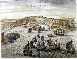 Kilátás Salvadorról, korábban Bahiáról, Brazília fővárosáról 1549-ben, amikor megalapították – metszet a 16. századról alkotó: Unknown artist