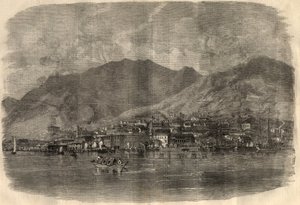 Kilátás Victoria Cityre Hong Kongban. Gravírozás a március 14-i „” The Illustrated London News”-ba alkotó: Unknown artist