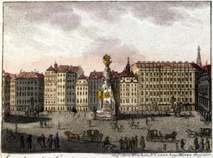 Kilátás Bécsre és a Graben térre (üreg), amely a nevét a rómaiak által a város védelmére ásott árokról kapta. század feléből származó litográfia. alkotó: Unknown artist