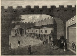 Kilátás egy utcára a város falaiban, Guangzhou, Kína. Metszet az 1857. február 14-i „” The Illustrated London News”-ba. alkotó: Unknown artist