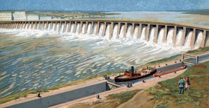 A Dnyeper vízerőmű vagy Dnyeprosztroj gát látképe, amelyet 1932-ben épített Sztálin Iosef a szovjet iparosítás ösztönzésére Kromolitográfia alkotó: Unknown Artist