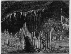 Kilátás a „templom termére” a Dargilan (Lozere) barlangban. Metszet a „” La Nature-be. Revue des sciences et de ses applications aux arts et a l