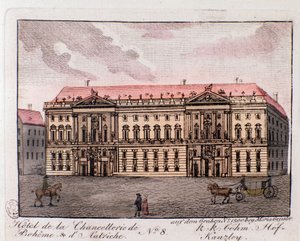 Kilátás a Csehországi és Ausztriai Kancellária szállodájára Bécsben, Ausztriában. Metszet 1815-ös magángyűjteményből alkotó: Unknown artist
