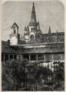 Kilátás a portugáliai Bathala kolostorra. Metszet a „The Illustrous Universe”-be alkotó: Unknown artist