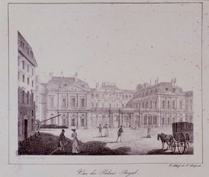 Kilátás a párizsi királyi palotára. Metszet 1820-ból Magángyűjtemény alkotó: Unknown artist