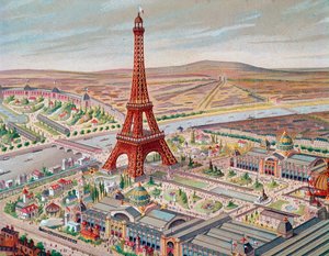 Kilátás az egyetemes kiállításra a különböző pavilonokkal és az Eiffel-toronnyal alkotó: Unknown artist