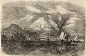 Kilátás Funchal városára a Madere szigetén (Madeira), Portugáliában. Gravírozás a február 29-i „” The Illustrated London News”-ba alkotó: Unknown artist