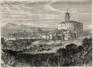 Kilátás Monterotondo városára (Monte Rotondo, Monte-Rotondo) Olaszországban. Gravírozás "" L