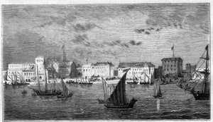 Kilátás Zanzibár városára Afrikában. Bal oldalon a francia konzulátus. Jobb oldalon a szultáni palota és az arzenál. Metszet a „The Universe illustrious”-ba alkotó: Unknown artist