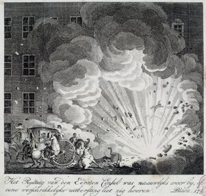 Kilátás a párizsi rue Saint Nicaise pokolgépének felrobbanására a 3. nivose an IX. A pokolgép összeesküvése Napóleon Bonaparte, a Brumaire 18-i államcsínyt követő új első konzul megölésére irányuló összeesküvés. Egy be alkotó: Unknown artist