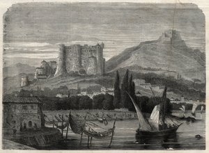 Kilátás az olaszországi La Spezia erődjére. Metszet a „The Illustrous Universe”-be alkotó: Unknown artist